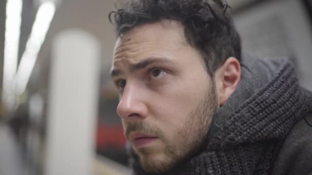 Unhappy Depressed Guy Metro Looks Worried Thoughtful His Future Sad — Stockvideo