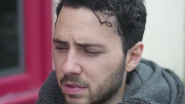 Depressed Man Sitting Cafe Feeling Upset Worried Sighs Thinking Bad — Stok video