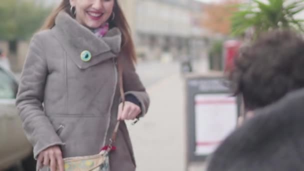 Happy Girl Walks Sits Depressed Guy Worries Him Because Looks — Stock video