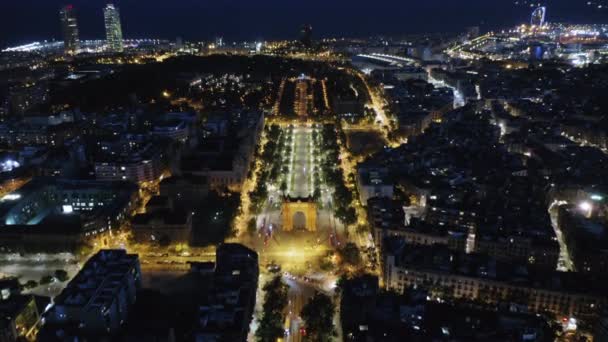 Barcelona Aerial View Triumph Arch Night Street Lights Spain — Vídeo de Stock