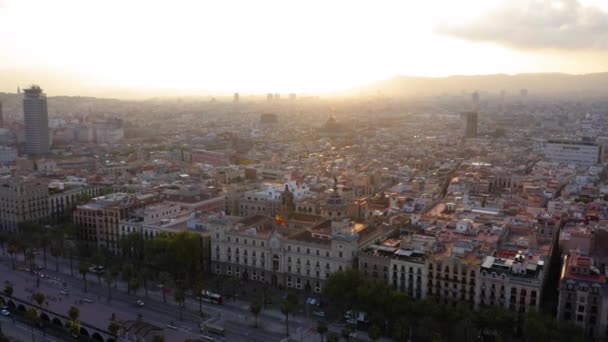 Cityscape Barcelona Sunset Passeig Colom Port Vell Walkway Spain — Vídeo de Stock