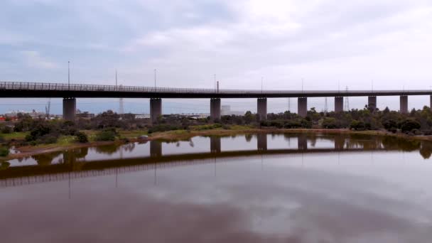 Vibrant Wetland Nature Sanctuary Pink Lake Drone Shot Westgate Bridge — Stockvideo