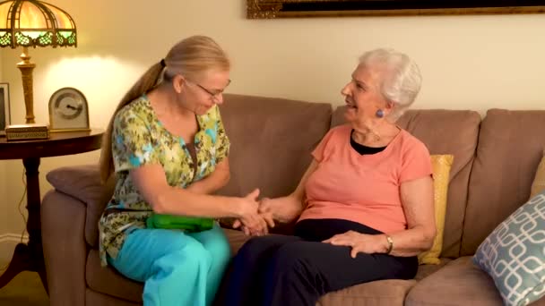 Home Healthcare Greets Elderly Woman Her Living Room — Vídeo de Stock