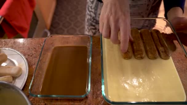 Closeup Chef Putting Second Layer Lady Fingers Top Sabayon Tiramisu — Αρχείο Βίντεο