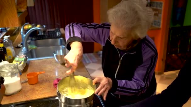 Elderly Woman Stirring Sabayon Mixture Tiramisu Home Kitchen — 图库视频影像