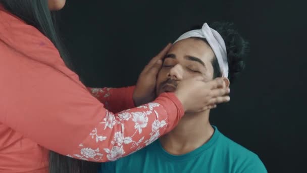Professional Make Artist Putting Face Creme Hands Man Face Cosmetics — Stock video