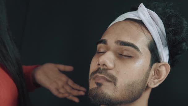 Close Young Man Cosmetics Studio Enjoying White Make Artist Putting — Video