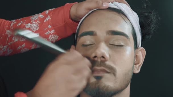 Young Man Cosmetics Studio Make Artist Putting Make Brush Powder — Wideo stockowe