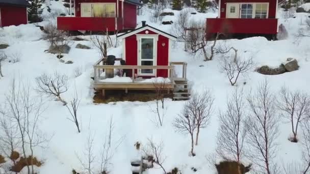 Aerial Young Girl Small Little Wooden Red Cottage Ice Lake — Stock Video
