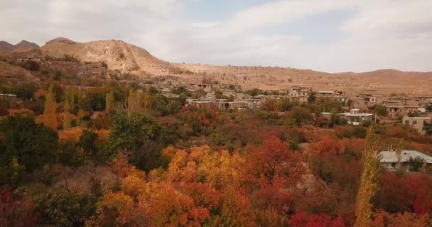 Jesienna Wieś Wiejska Górach Żółtymi Pomarańczowymi Zielonymi Liśćmi Kolorowymi Drzewami — Wideo stockowe