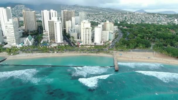Aerial View Beautiful Tropical Waikiki Beach Honolulu Hawaiian Island Ahu — 图库视频影像