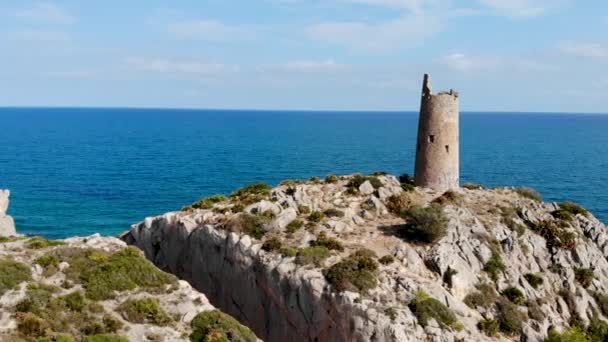 Drone Flies Coastal Watchtower Centennial Tower Sea Cliff Blue Sky — 图库视频影像
