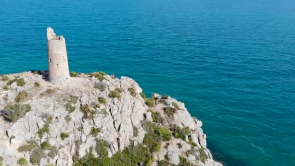Drone Flies Coastal Watchtower Centennial Tower Blue Sea Cliff Rocks — Stockvideo