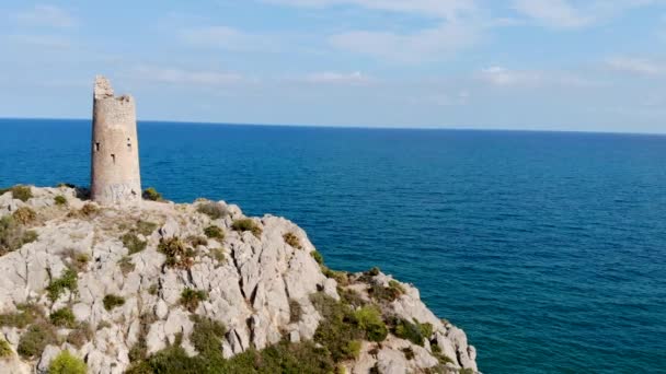 Drone Flies Coastal Watchtower Centuries Old Tower Cliff Sea Blue — ストック動画