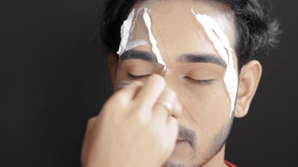 Process Making Halloween Mask Putting White Prosthetic Insert Man Face — Vídeos de Stock