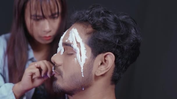 Professional Make Artist Putting White Insert Man Face Make Scary — Stockvideo