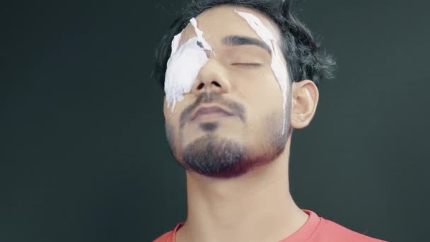 Make Artist Putting White Prosthetic Insert Man Face Make Halloween — Video Stock
