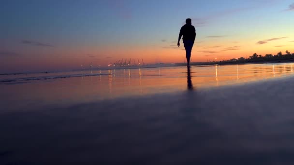 Man Walks Horizon Beach Sunset Backlit Orange Sky Blue Beach — 비디오