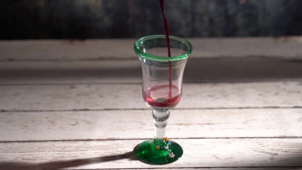 Rustic Glass Painted Wood Table Red Wine Pouring Glass — Videoclip de stoc