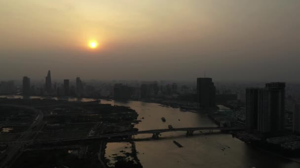 Drone Shot Saigon River Smoggy Sunset Typical Day Extreme Air — Stockvideo