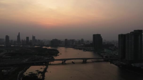 Drone Shot Saigon River Smoggy Sunset Typical Day Extreme Air — Stok video