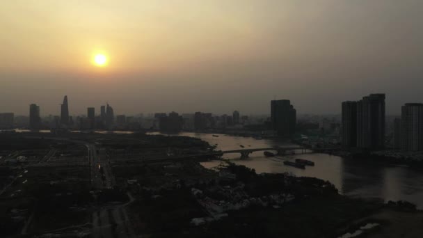 Drone Shot Saigon River Smoggy Sunset Typical Day Extreme Air — Stockvideo