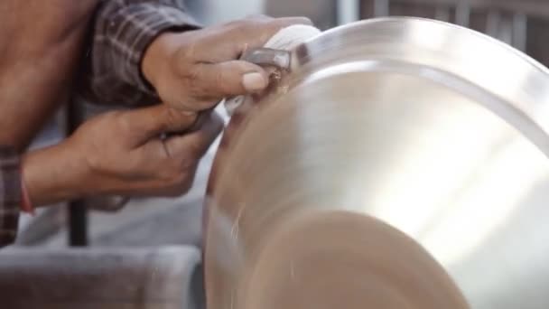 Process Making Handcrafted Metal Utensil Potter Scraping Metal Half Finished — 图库视频影像