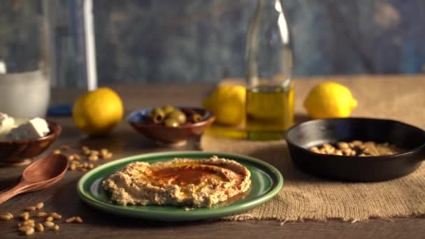 Warm Low Angle Slide Right Showing Middle Eastern Food Spread — Stockvideo