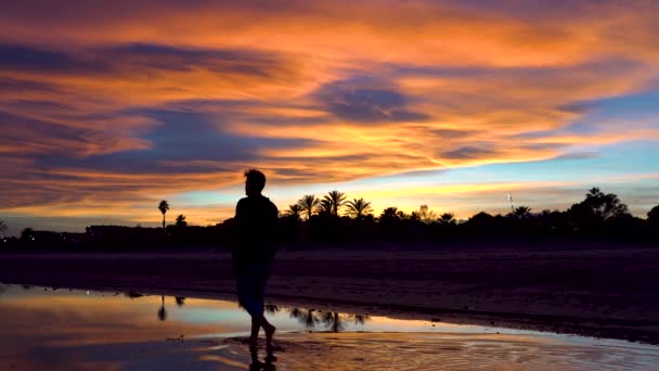 Man Walking Water Bottom Beach Cloudy Sky Beautiful Colors Sunset — Vídeos de Stock