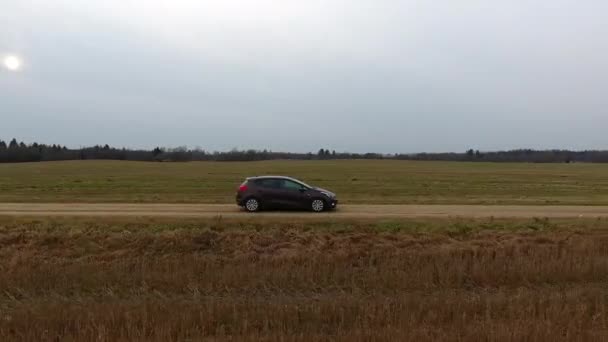 Car Driving Sideways Drone Shot — Stock Video