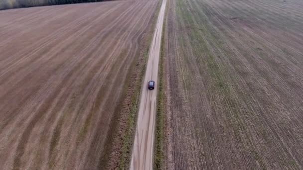 Car Drivin Middle Empty Field Aerial Shot — Video Stock