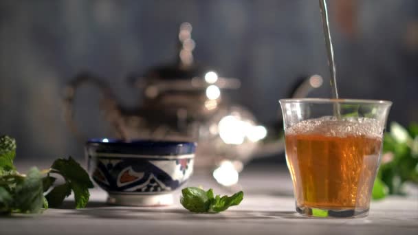 Cinemagraph Tea Pouring Filled Glass Moroccan Tea Set Mint — Stok Video