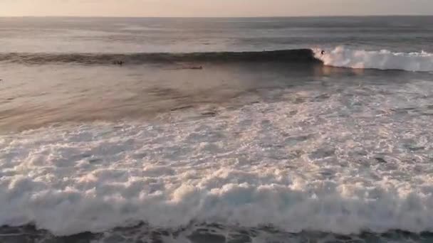 Drone Sorvola Onde Che Infrangono Mentre Surfista Cattura Onda Tramonto — Video Stock