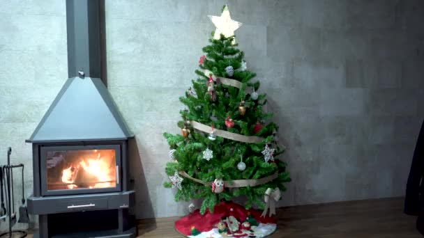 Árbol Navidad Decorado Con Estrella Junto Chimenea Hierro Con Fuego — Vídeos de Stock