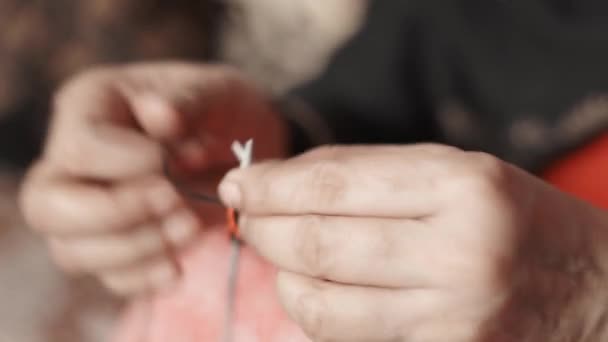 Woman Hands Knitting Black Red Wool Needle Crafts Close Knit — Stok video
