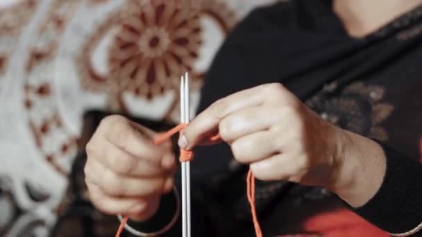 Woman Starting First Row Knitting Red Wool Two Needle Crafts — Video Stock