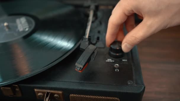 Close Shot Hand Turning Turntable Placing Needle Record — Stock Video