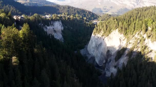 Drone Hovers Big Canyon Laax Swiss — Stock Video