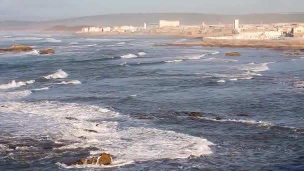 Panning Right Atlantic Ocean Rollers Coming Walls Essaouira Morocco — Video