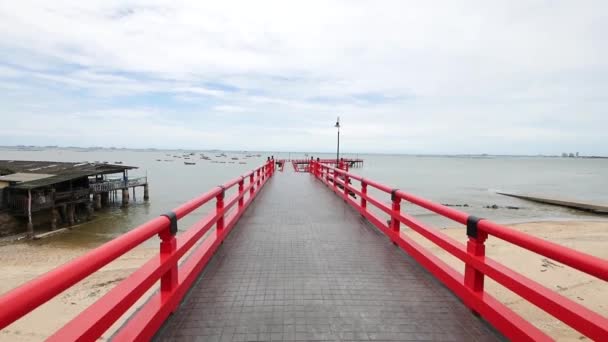 Long Red Japanese Styled Sea Bridge Lays Sea — 图库视频影像