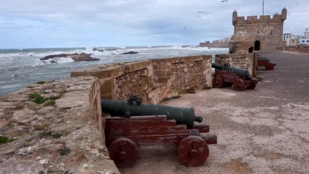 Canons Old Castle Wall Fortified Stormy Atlantic Ocean Crashing City — ストック動画