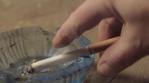 Smoker Flicking Ash Burning Cigarette Ashtray — Stock Video