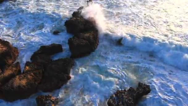 Aerial Drone View Rough Waves Crashing Rocky Shoreline — Vídeos de Stock