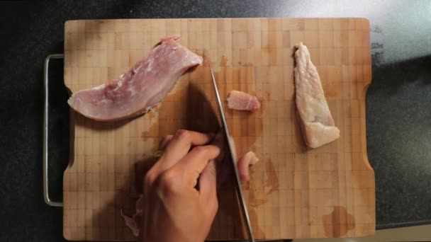 Carefully Slicingr Raw Pork Meat Bamboo Chopping Board Stainless Steel — Stockvideo