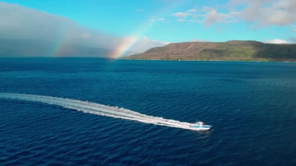 Fisherman Boat Sailing Rainbow Tropical Sea Aerial View Coast Beautiful — Vídeos de Stock