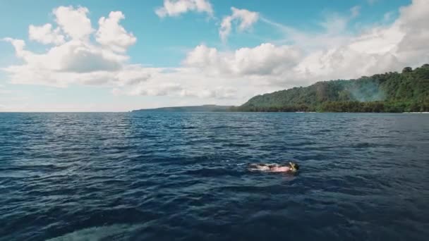 Vista Aérea Mujer Que Hace Snorkel Superficie Del Mar Tropical — Vídeos de Stock