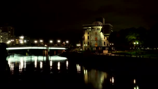 Hiroshima Atomic Bomb Dome Ruin Building Night Wide Shot — 图库视频影像