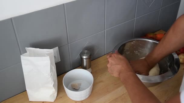 Mediterranean Man Hand Knead Dough Mixing Water Salt Flour Homemade — Vídeo de Stock