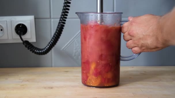 Close Male Hand Crushing Tomatoes Blender Make Fresh Homemade Tomato — Stockvideo