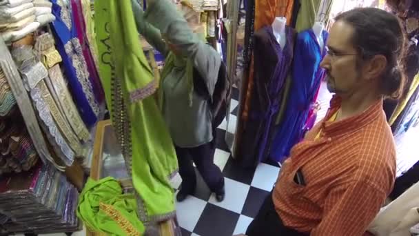 Woman Man Djellaba Shop Morocco Trying Dresses — Stock Video